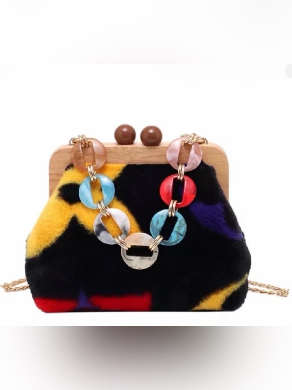 Womens Multicolor Faux Fur Frame Clutch with Acrylic Chain